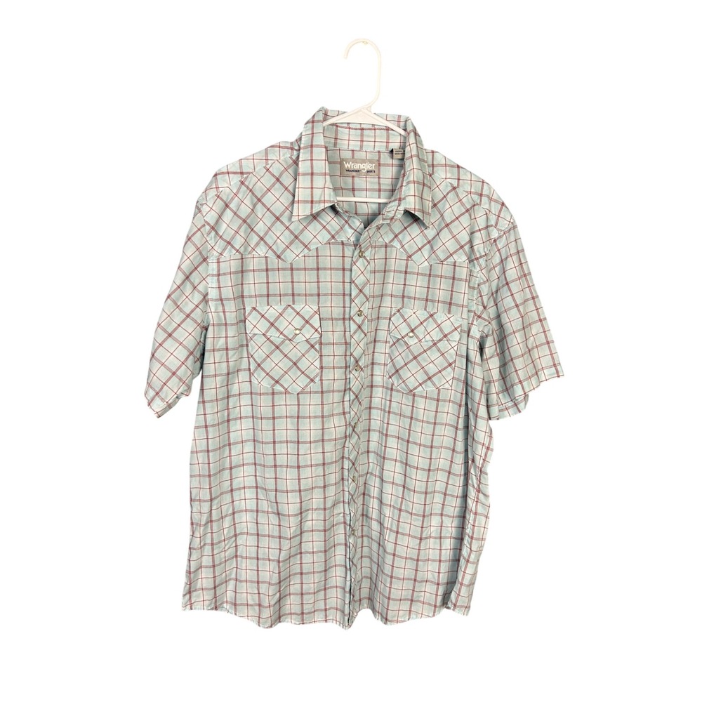 Wrangler Wrancher Mens XL Blue Plaid Western Pearl Snap Short Sleeve Shirt